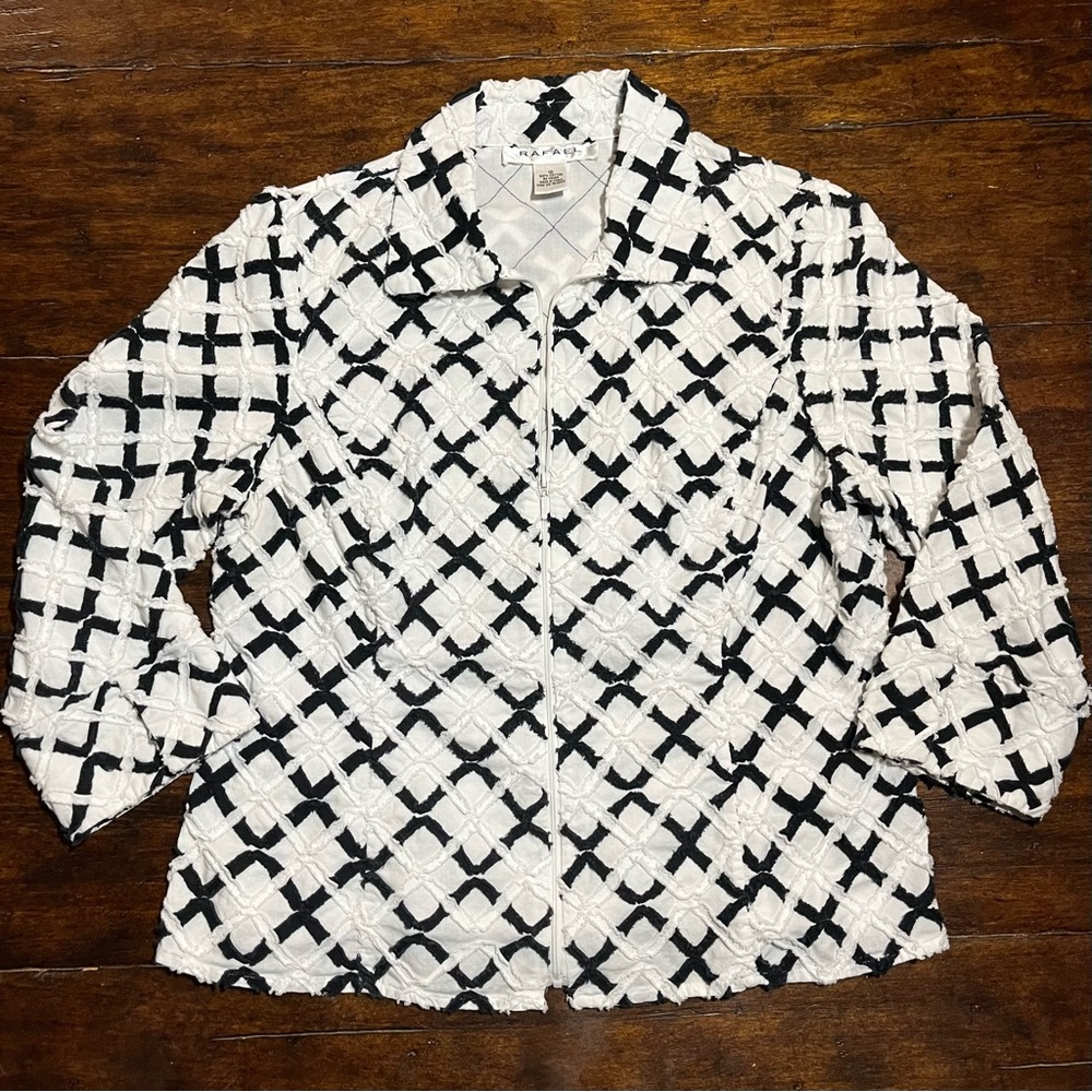 Rafael Women's Blazer Dress Jacket Geometric Front‎ Zip Black White Sz 10 Career